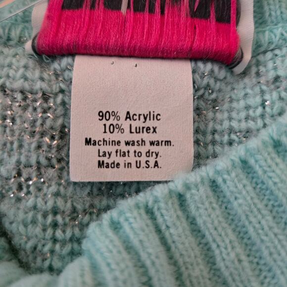 Vintage 80's Metallic Bow Print Cap Sleeve Pullover Sweater Blue Silver Retro - Picture 7 of 7